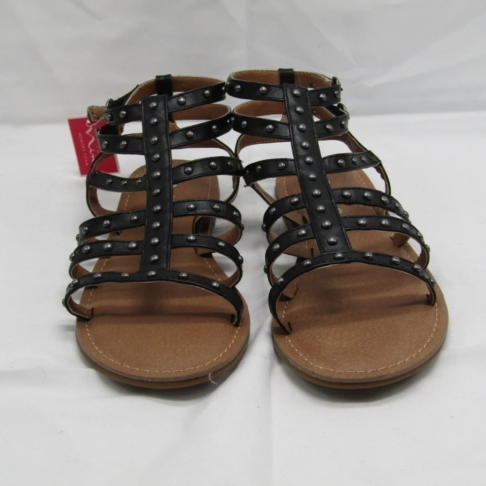 New Nina Kids Girl’s Edie Studded Gladiator Sandal in Black Smooth Sz 6
